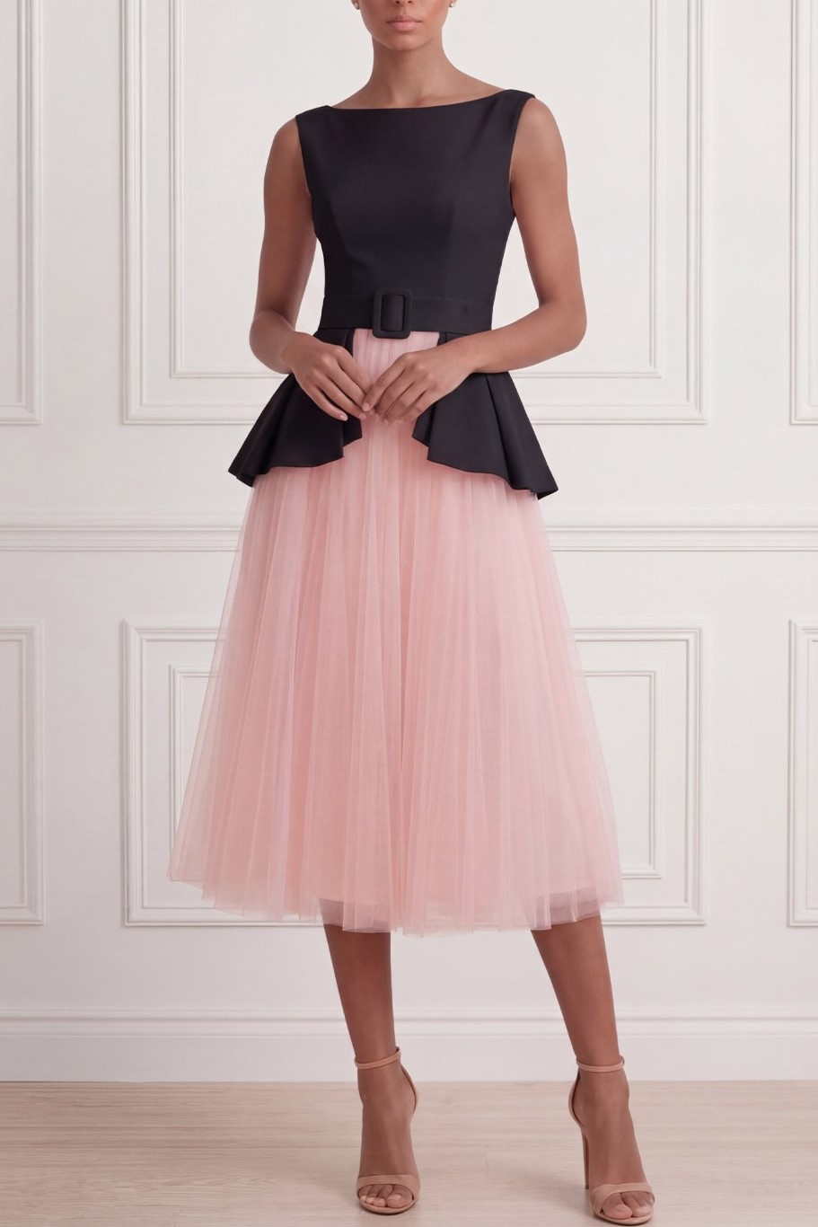 Black Suit Sets Crew Neck Pleated A-Line Tulle Midi Skirts Set