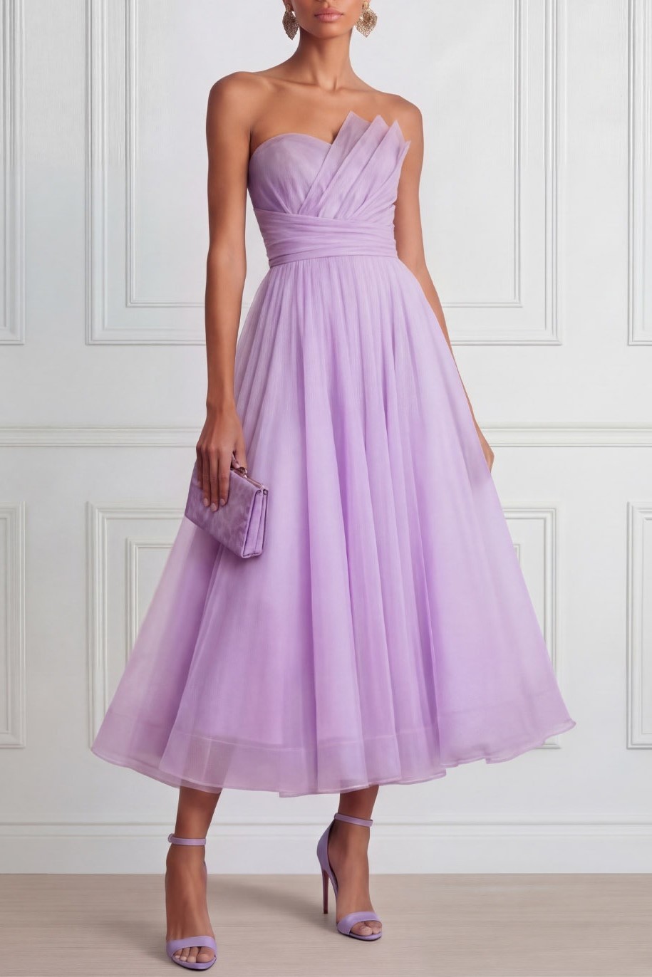 Lilac Prom Dress A-Line Strapless Pleated Organza Midi Dress