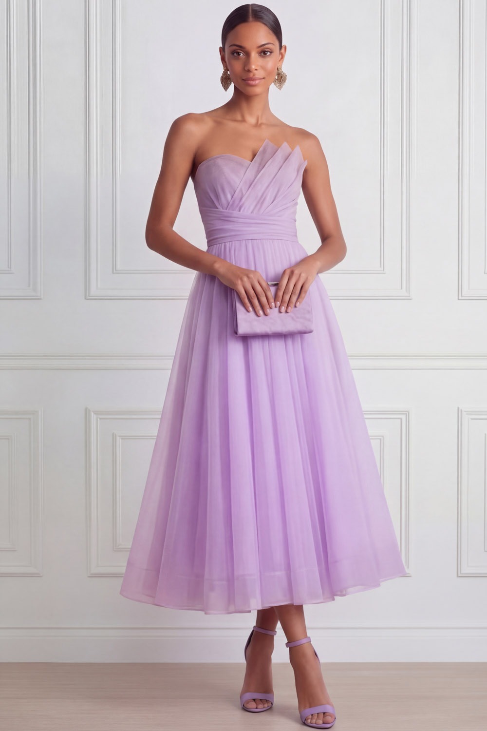 Lilac Prom Dress A-Line Strapless Pleated Organza Midi Dress