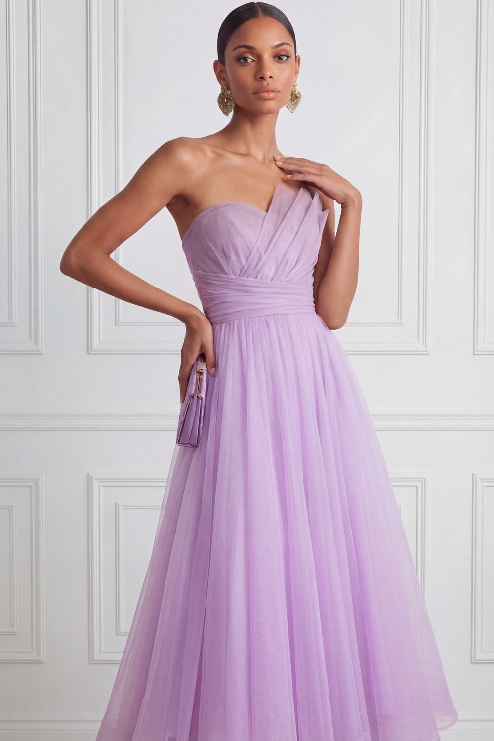 Lilac Prom Dress A-Line Strapless Pleated Organza Midi Dress