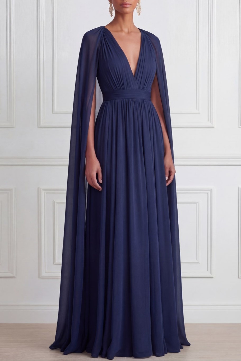 Navy Prom Dress V-Neck Pleated Chiffon Maxi Dress with Cape