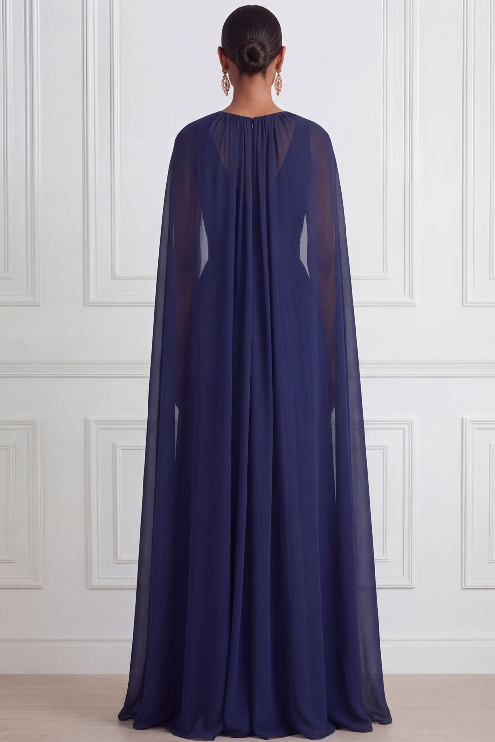 Navy Prom Dress V-Neck Pleated Chiffon Maxi Dress with Cape