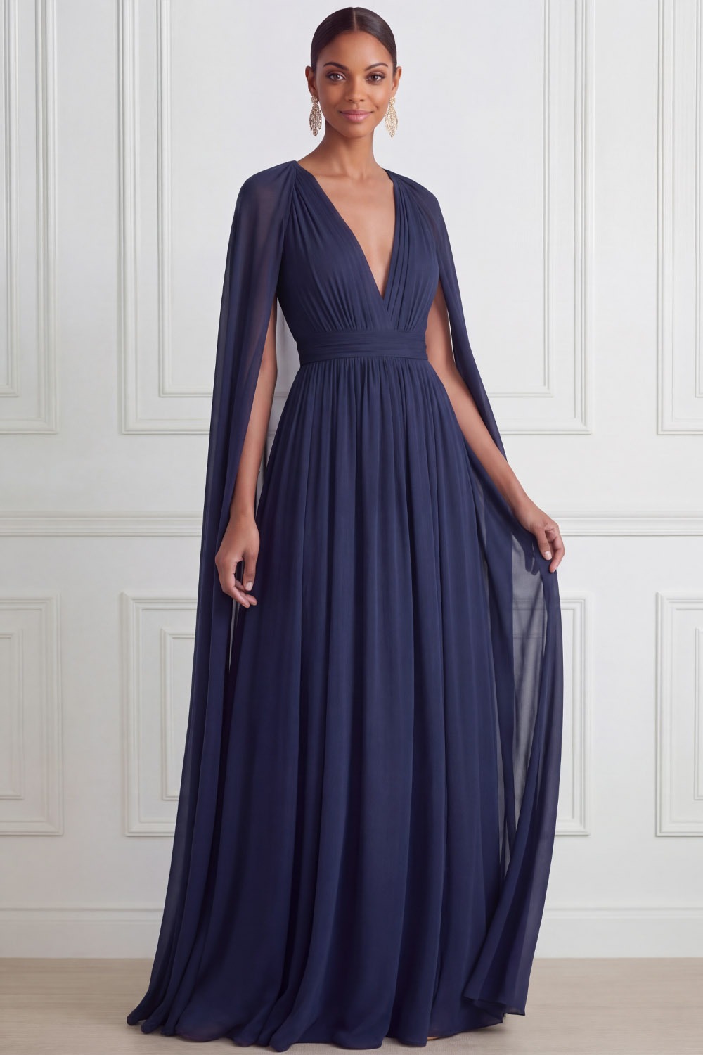 Navy Prom Dress V-Neck Pleated Chiffon Maxi Dress with Cape