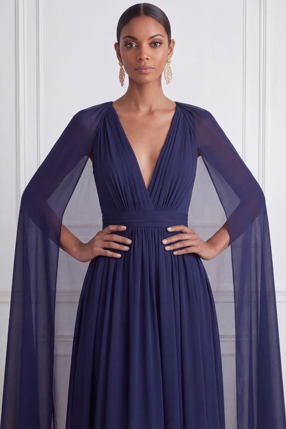 Navy Prom Dress V-Neck Pleated Chiffon Maxi Dress with Cape