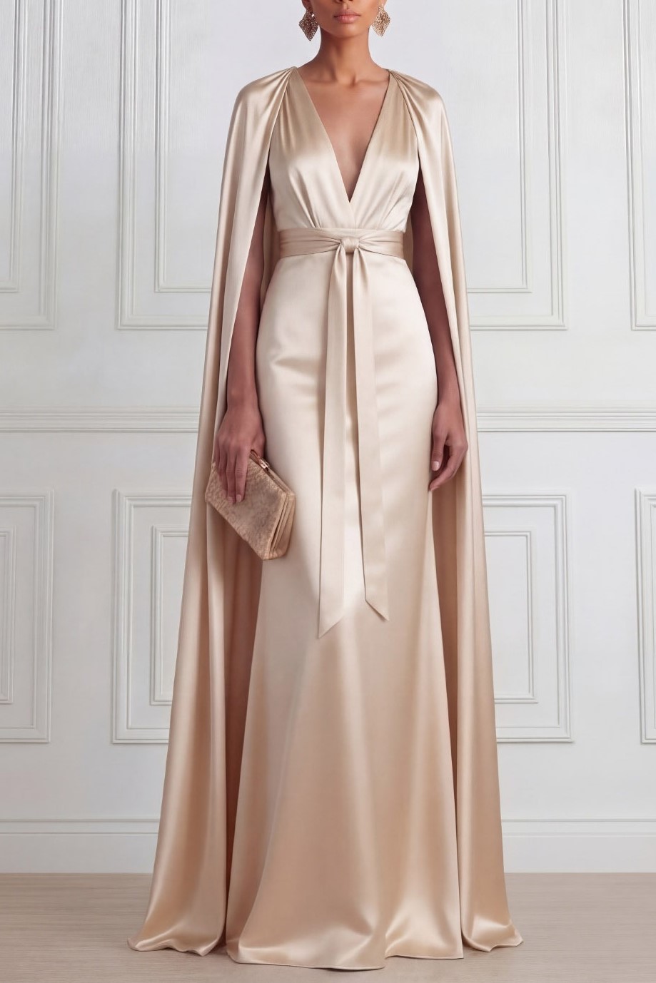 Champagne Prom Dress V-Neck Satin Maxi Dress with Cape