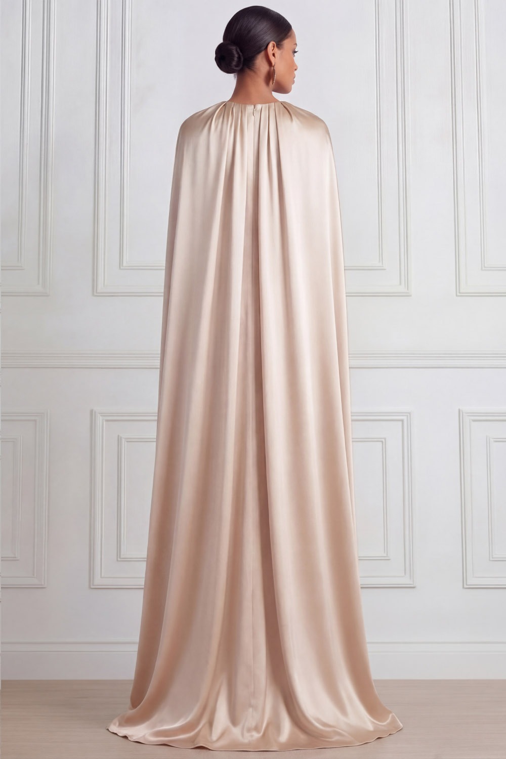 Champagne Prom Dress V-Neck Satin Maxi Dress with Cape