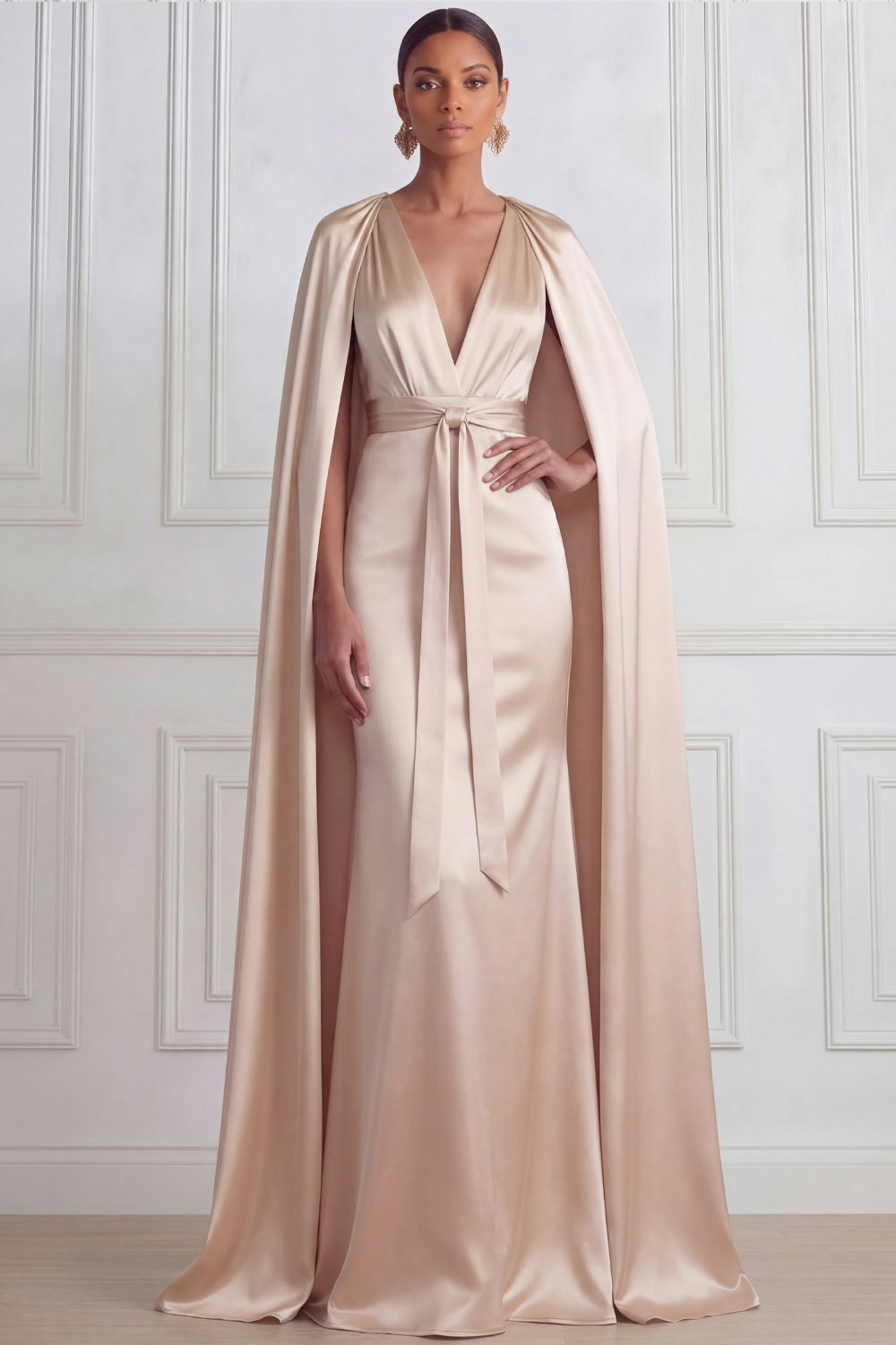 Champagne Prom Dress V-Neck Satin Maxi Dress with Cape