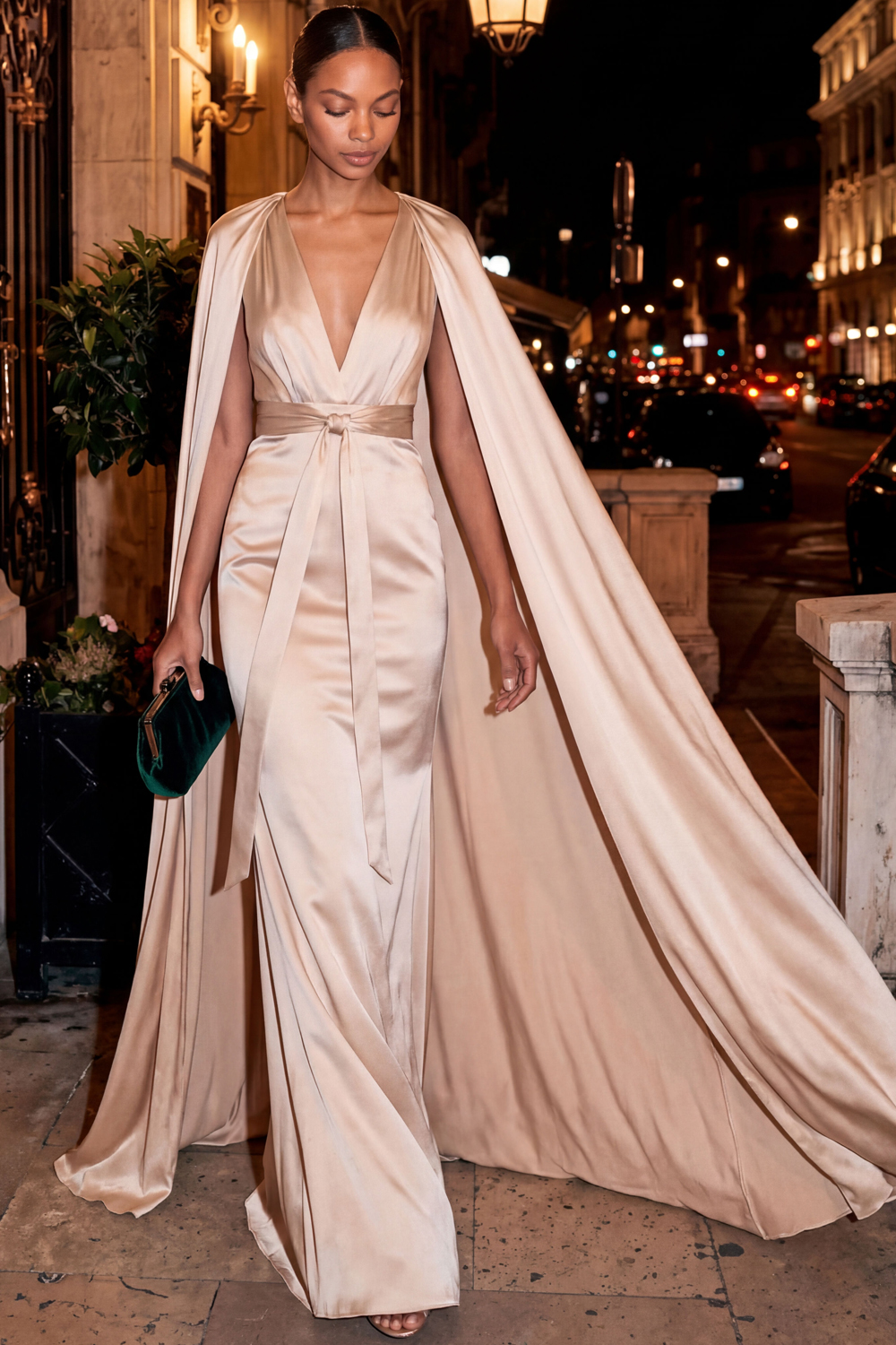 Champagne Formal Evening Dress V-Neck Satin Maxi Dress with Cape
