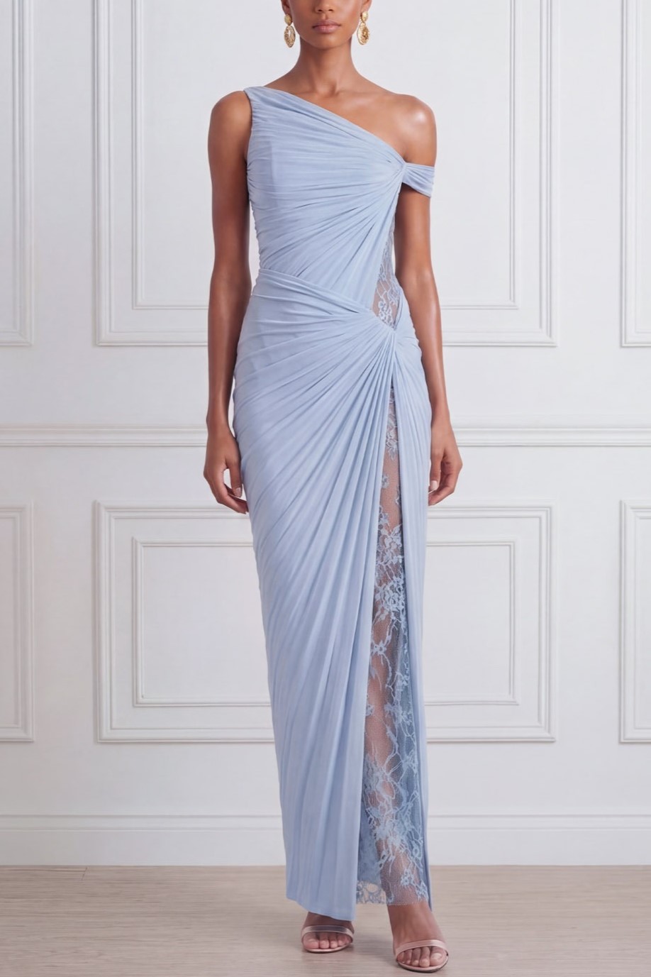 Sky Blue Formal Dress Sheath One Shoulder Ruched Maxi Dress