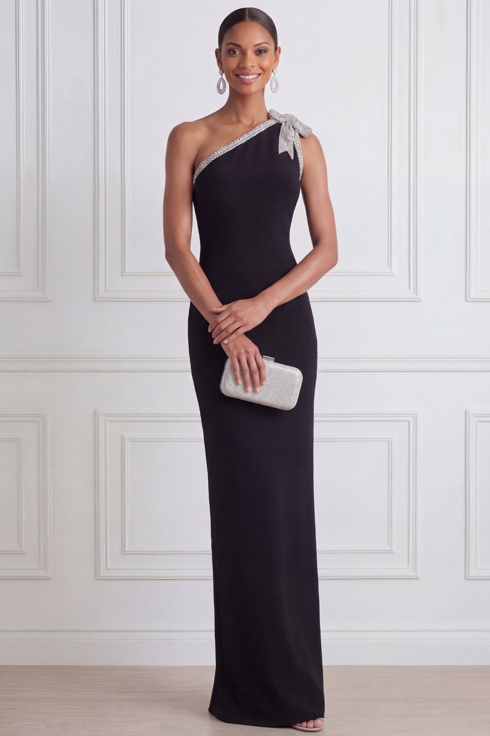 Black Formal Evening Dress Sheath One Shoulder Maxi Dress with Bow