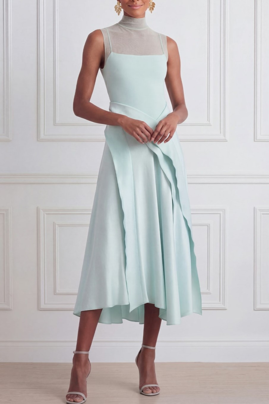 Mint Prom Dress A-Line Illusion Neck Sleeveless Ruffle Midi Dress