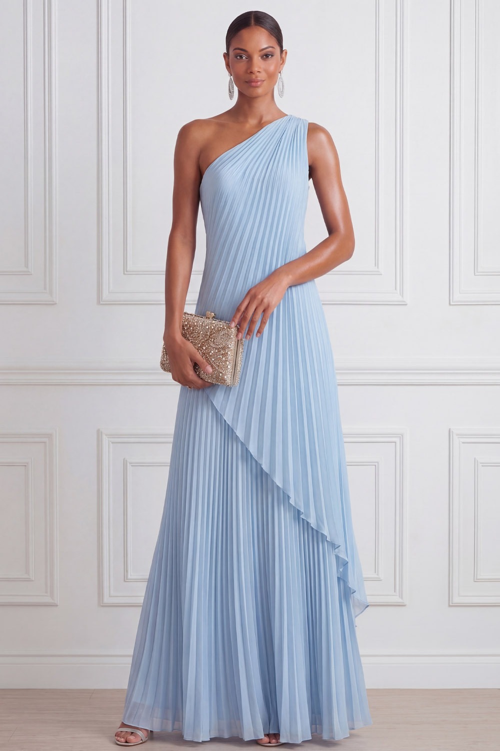 Sky Blue Formal Dress A-Line One Shoulder Pleated Chiffon Maxi Dress
