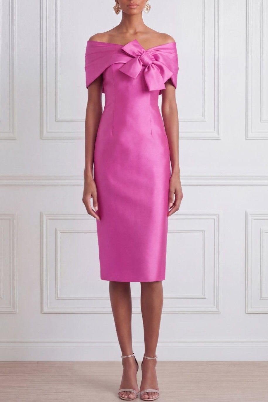 Fuchsia Cocktail Party Dress​​ Off the Shoulder Midi Dress with Bow