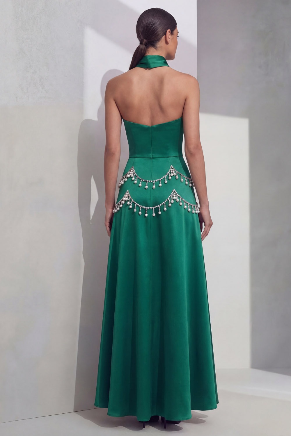 Emerald Green Prom Dress A-Line Strapless Beaded Satin Maxi Dress