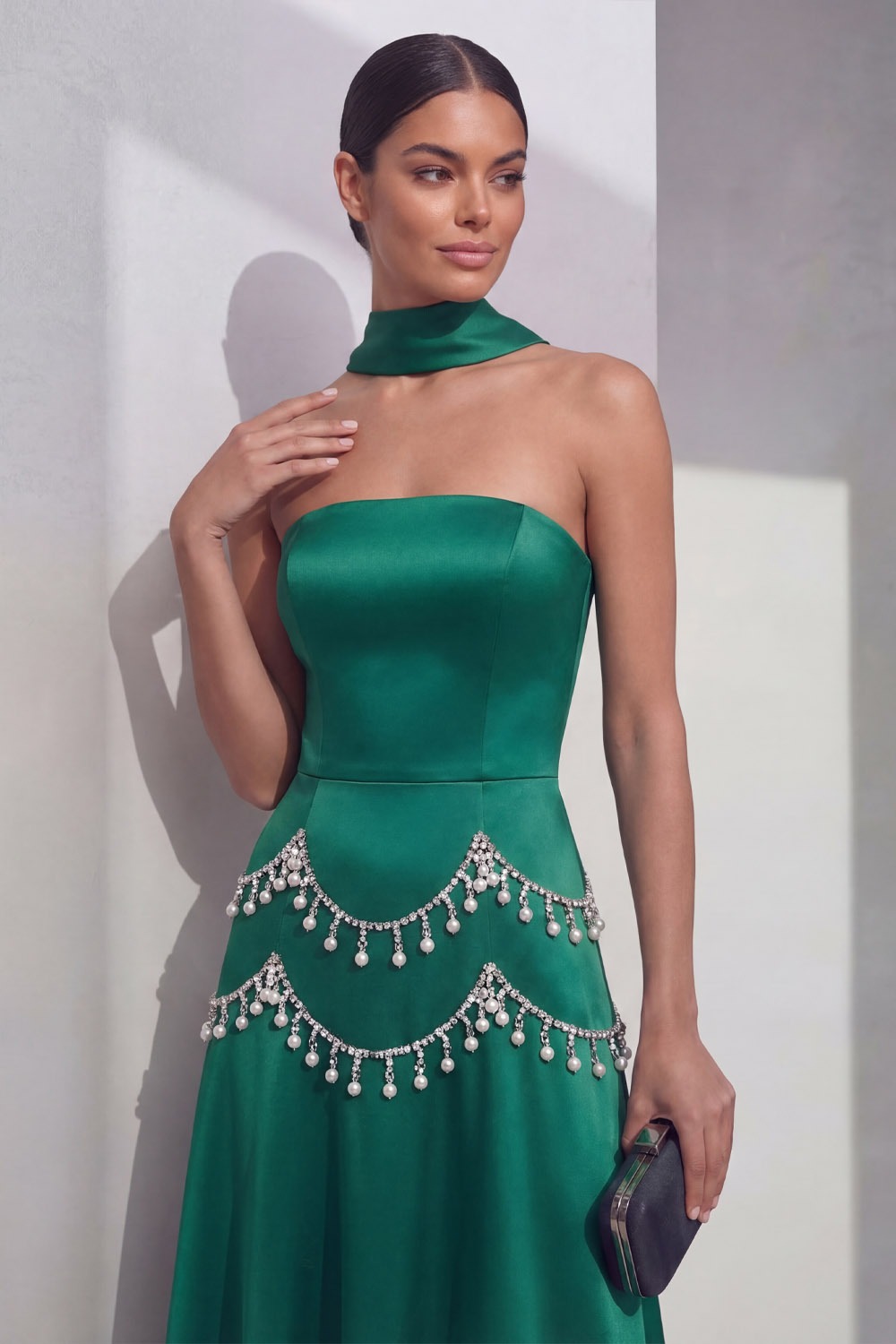 Emerald Green Prom Dress A-Line Strapless Beaded Satin Maxi Dress