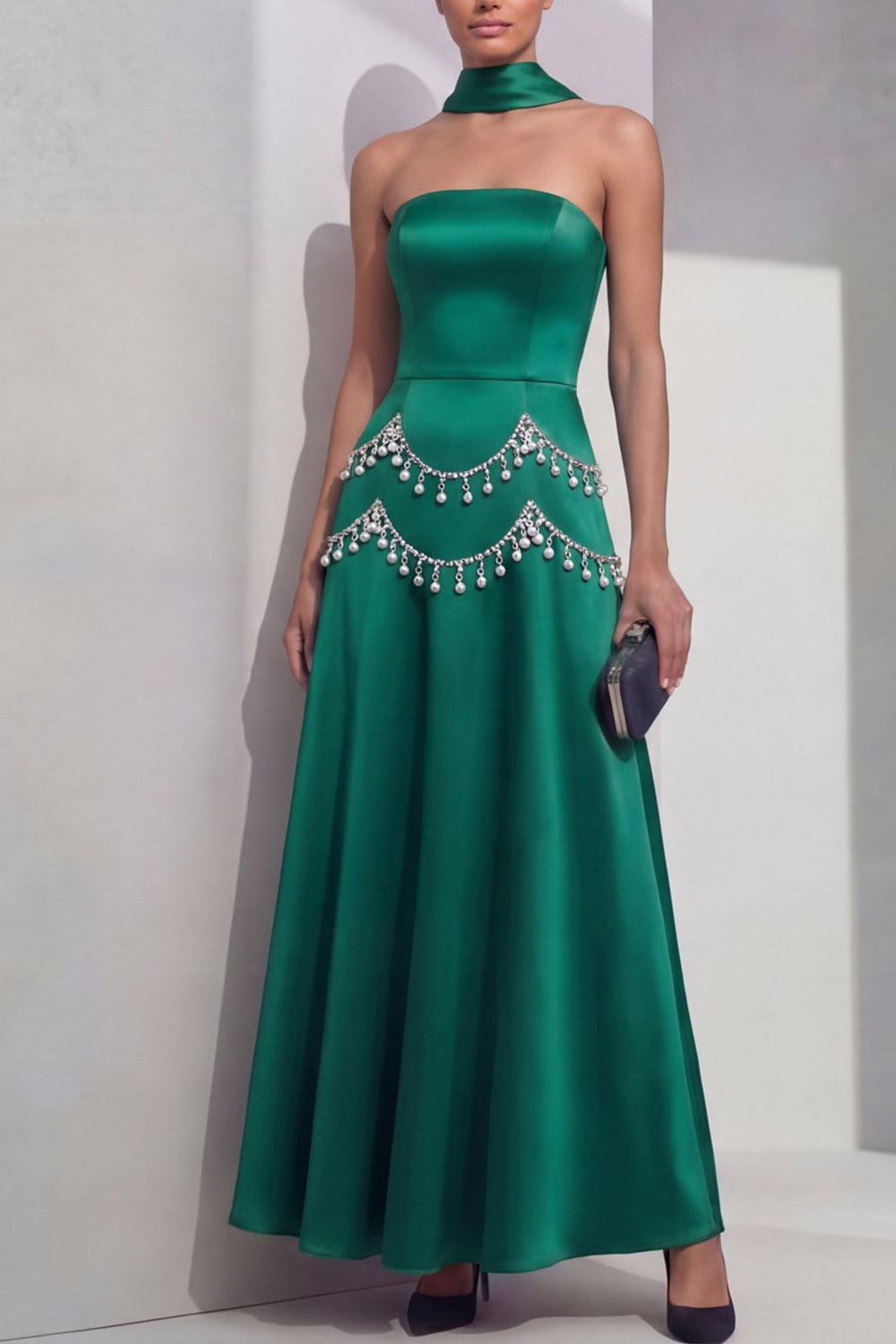 Emerald Green Prom Dress A-Line Strapless Beaded Satin Maxi Dress