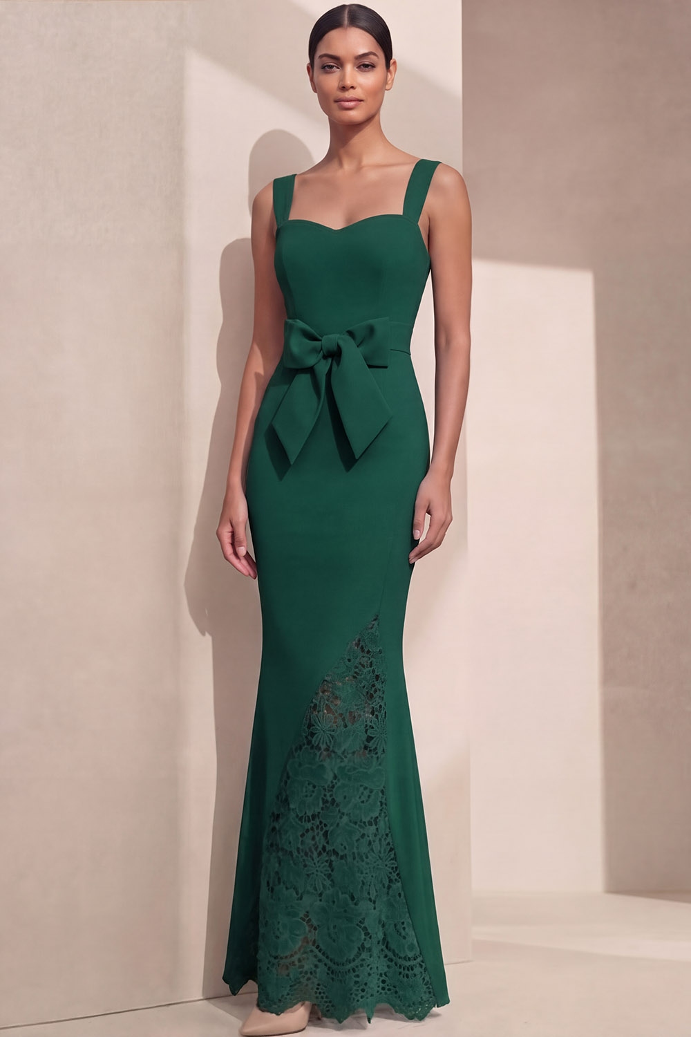 Navy Formal Evening Dress Mermaid Straps Maxi Dress with Bow