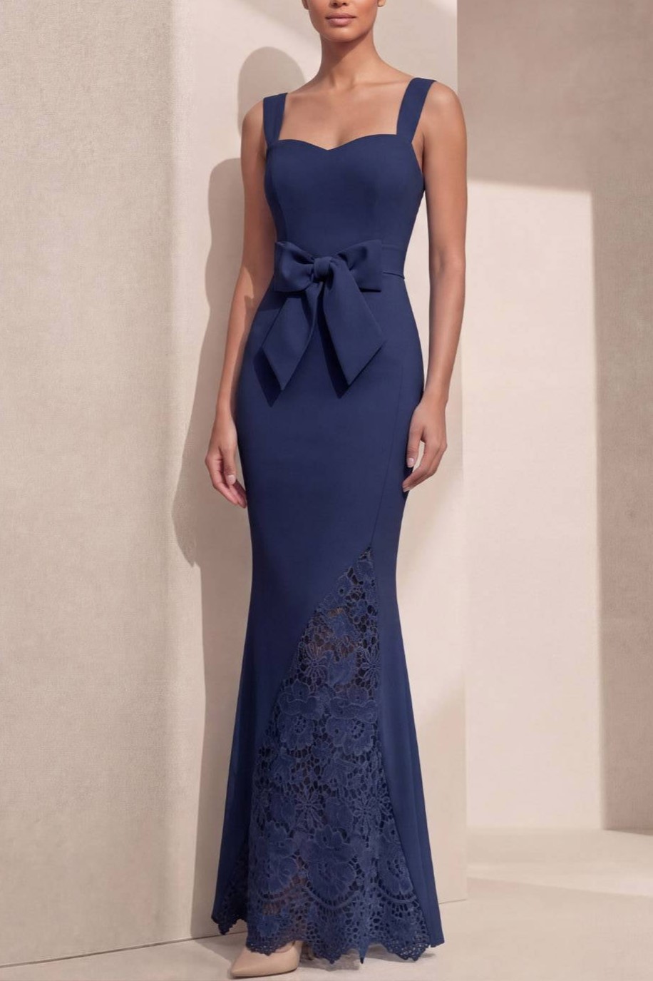 Navy Formal Evening Dress Mermaid Straps Maxi Dress with Bow