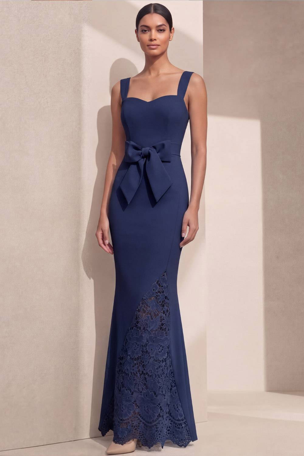Navy Formal Evening Dress Mermaid Straps Maxi Dress with Bow