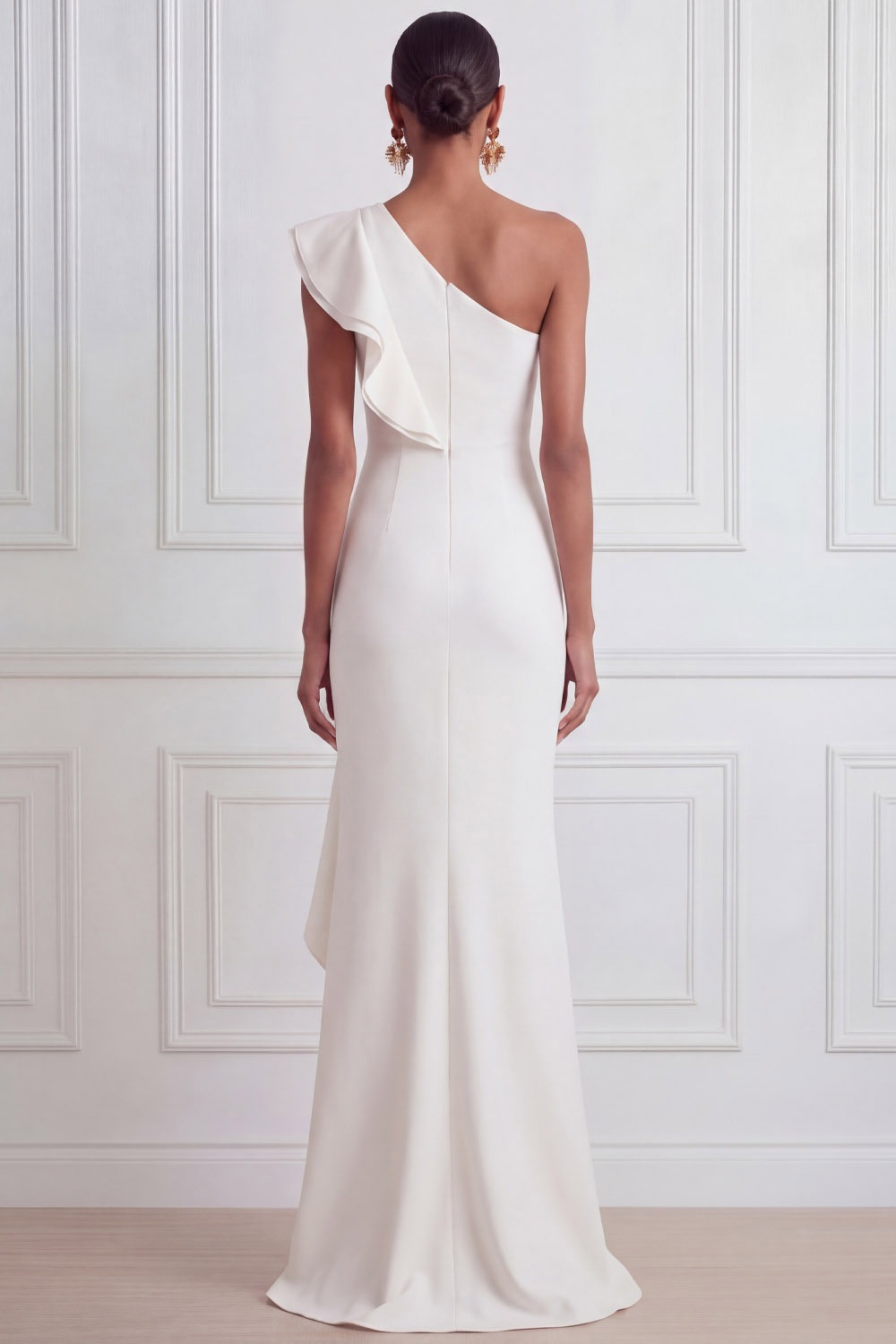 White Formal Evening Dress Sheath One Shoulder Maxi Dress with Ruffle