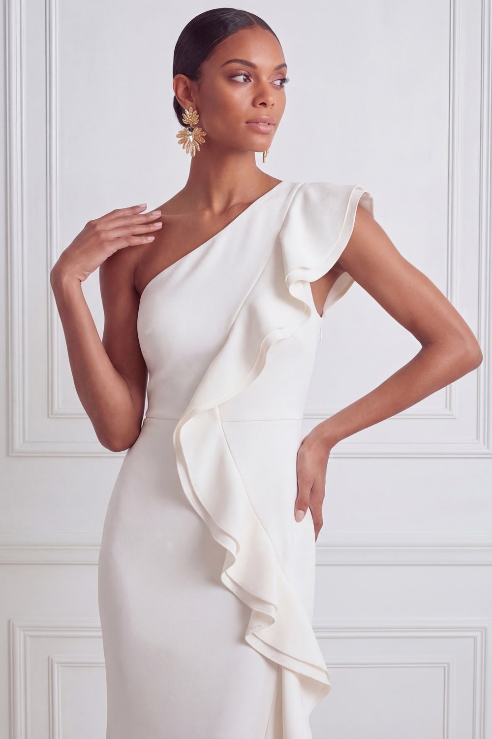 White Formal Evening Dress Sheath One Shoulder Maxi Dress with Ruffle