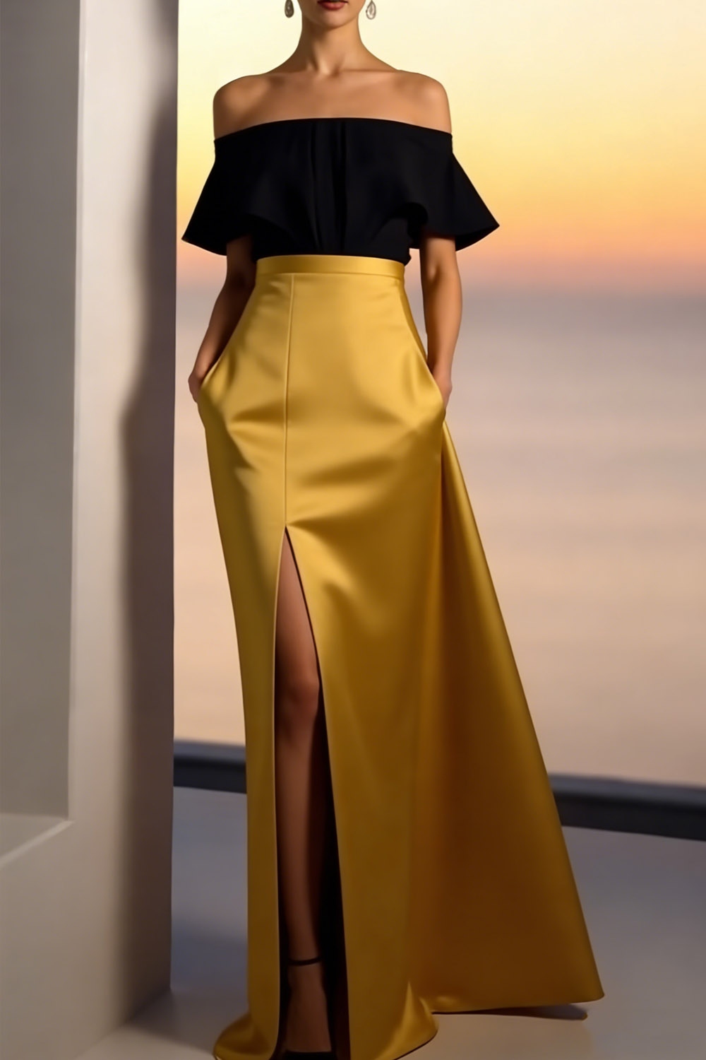 Gold Formal Dress A-Line Off the Shoulder Satin Maxi Dress with Pocket