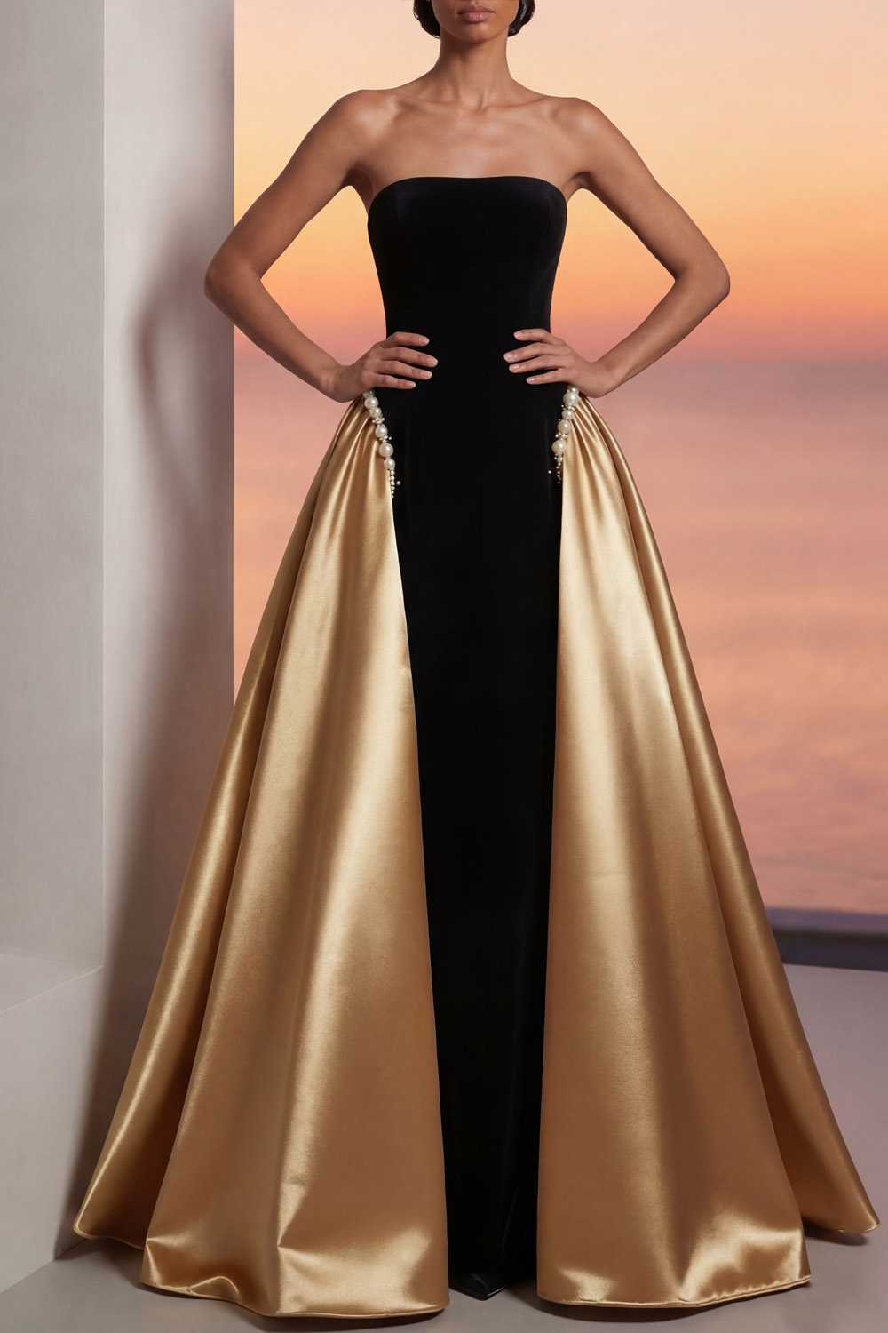 Gold Formal Evening Dress A-Line Strapless Beaded Satin Maxi Dress