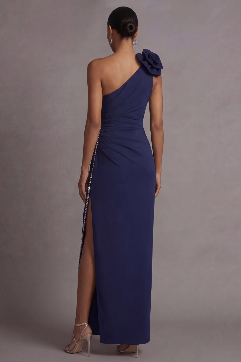 Navy Formal Evening Dress One Shoulder Slit Maxi Dress with 3D Flower