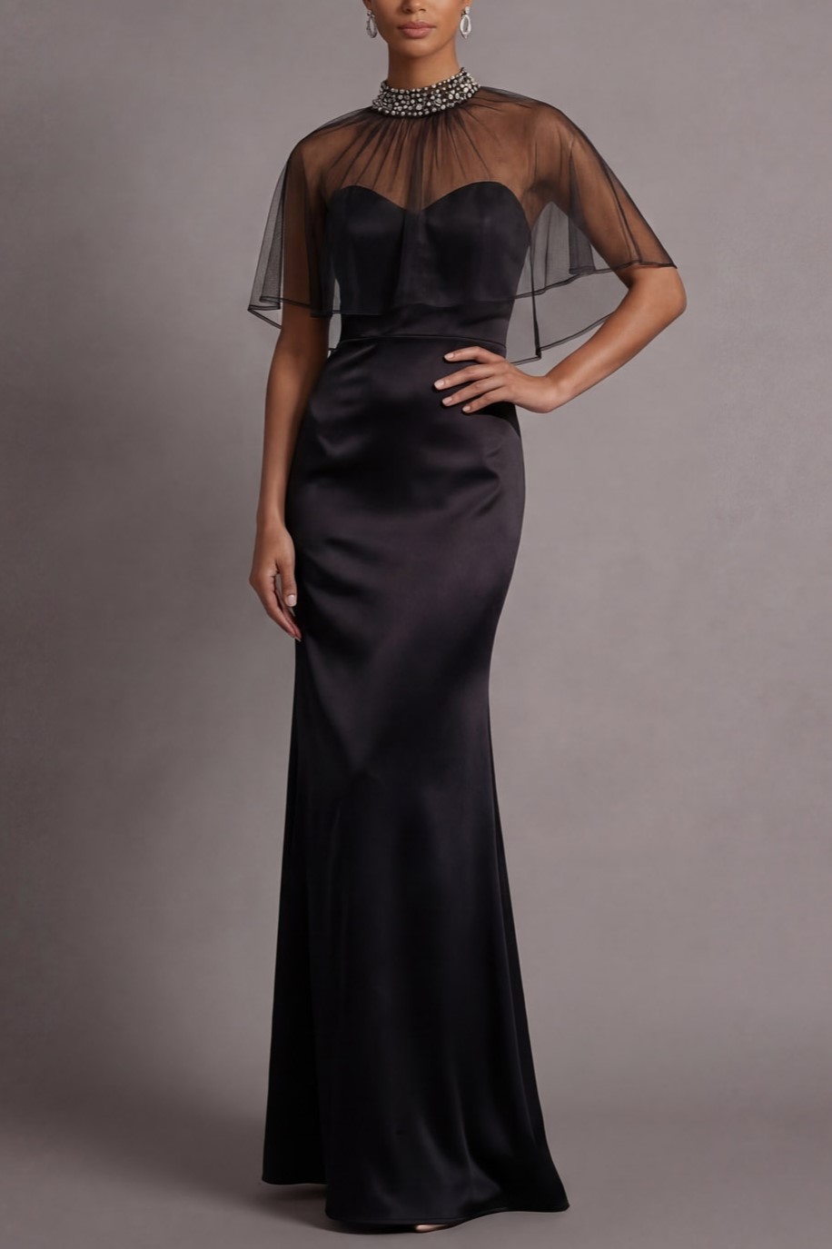 Black Formal Evening Dress Mermaid Sweetheart Maxi Dress with Cape