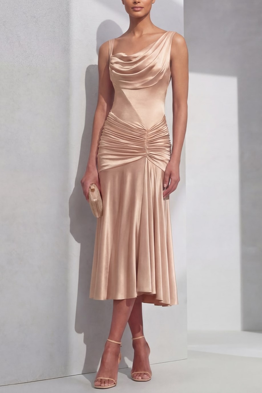 Champagne Formal Evening Dress Mermaid Cowl Neck Satin Midi Dress