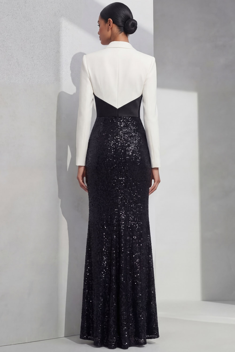 White Formal Dress Mermaid Lapel Sequin Maxi Dress with Slit