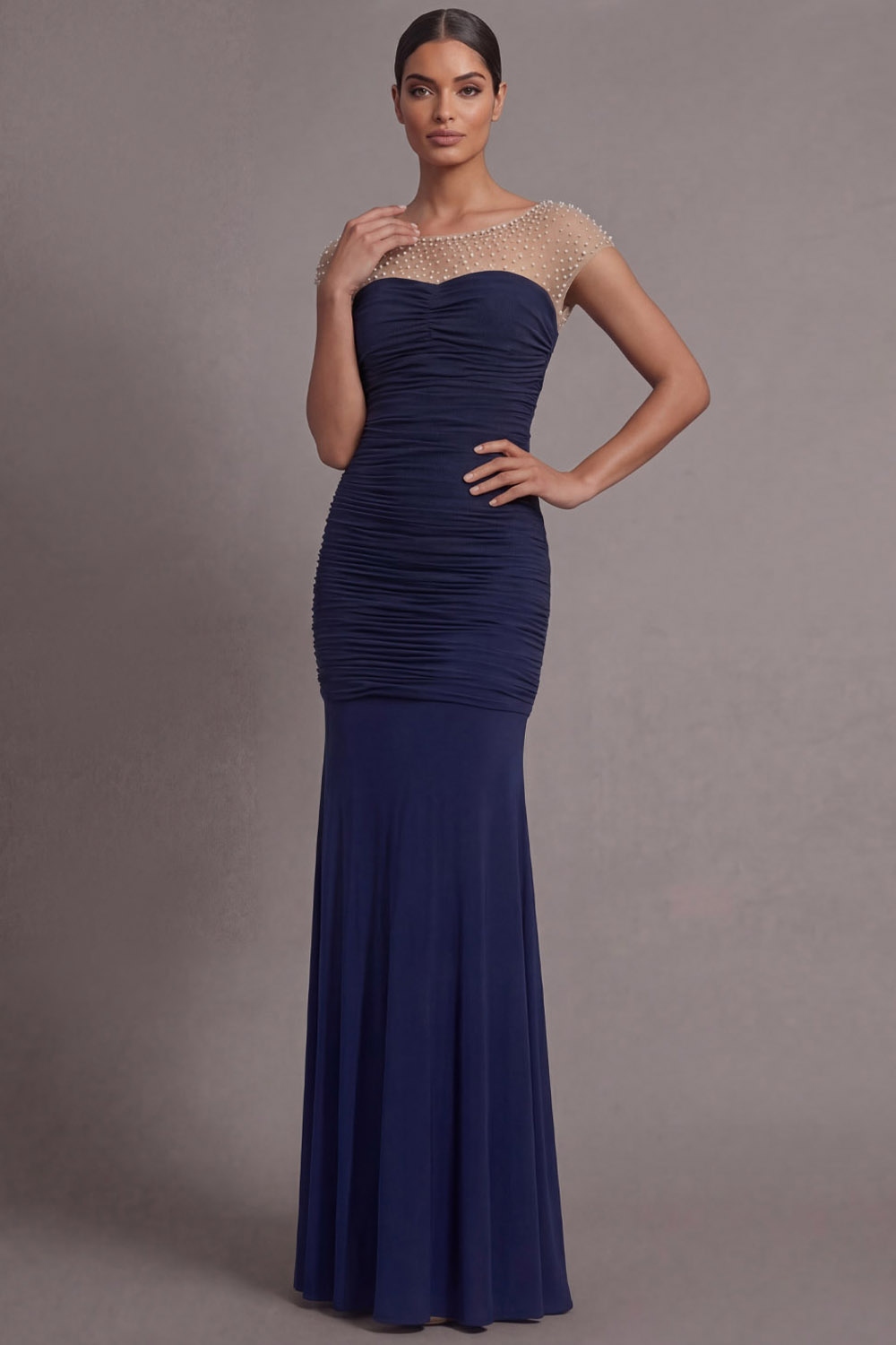 Navy Formal Evening Dress Mermaid Crew Neck Pleated Maxi Dress