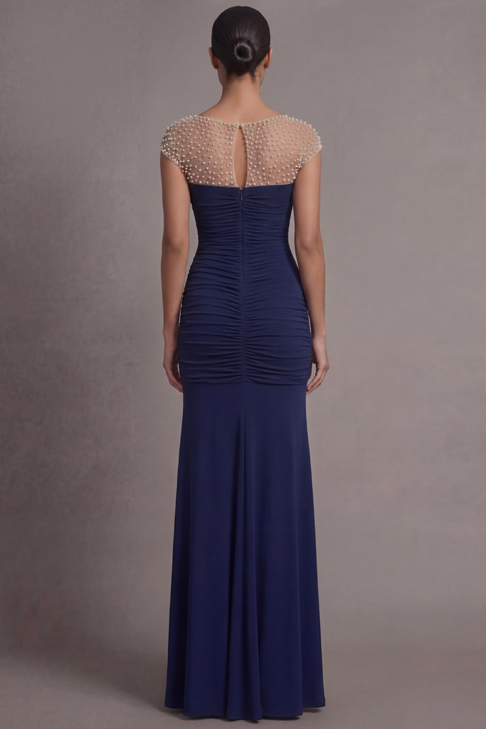 Navy Formal Evening Dress Mermaid Crew Neck Pleated Maxi Dress