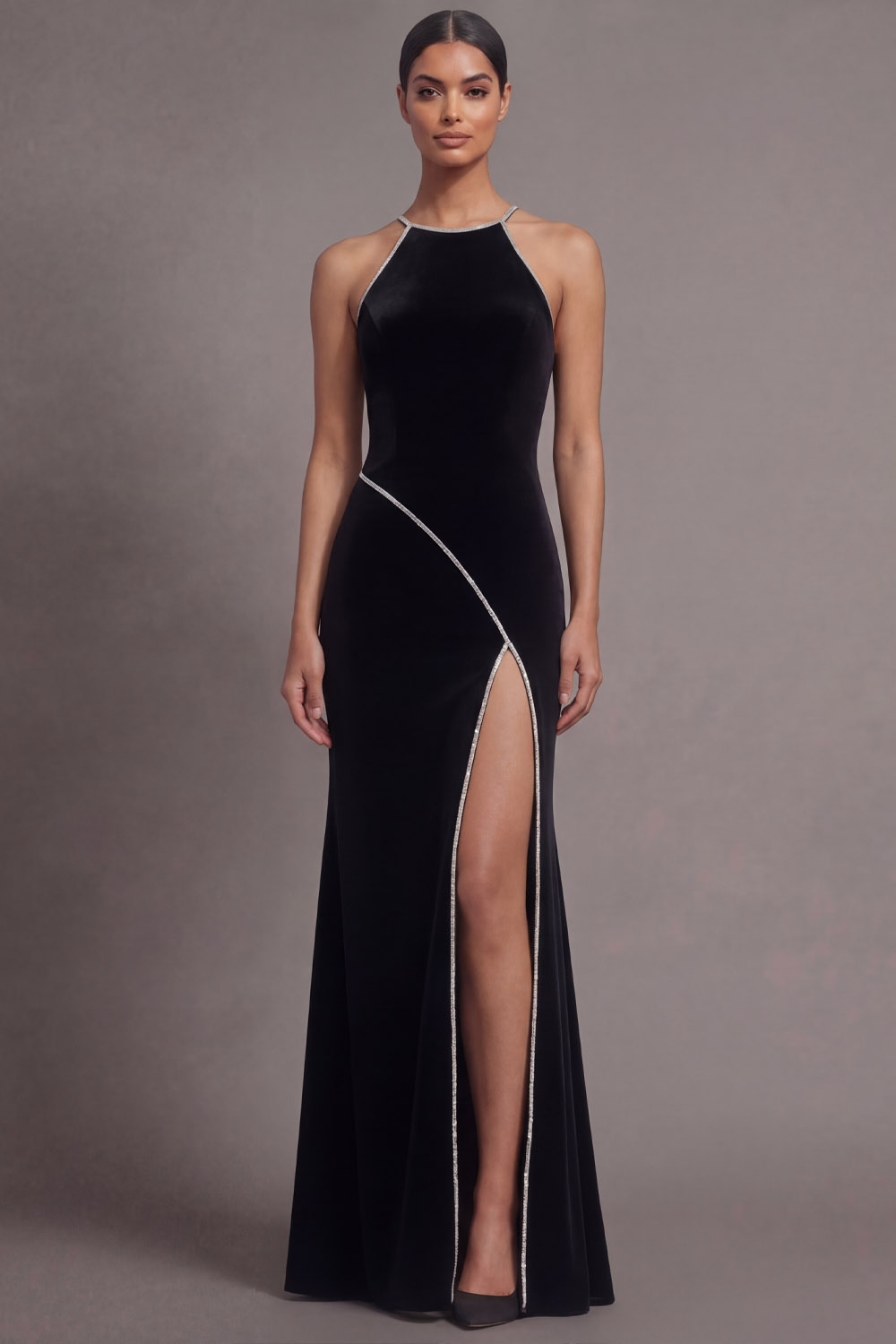 Black Formal Evening Dress Mermaid Halter Maxi Dress with Slit