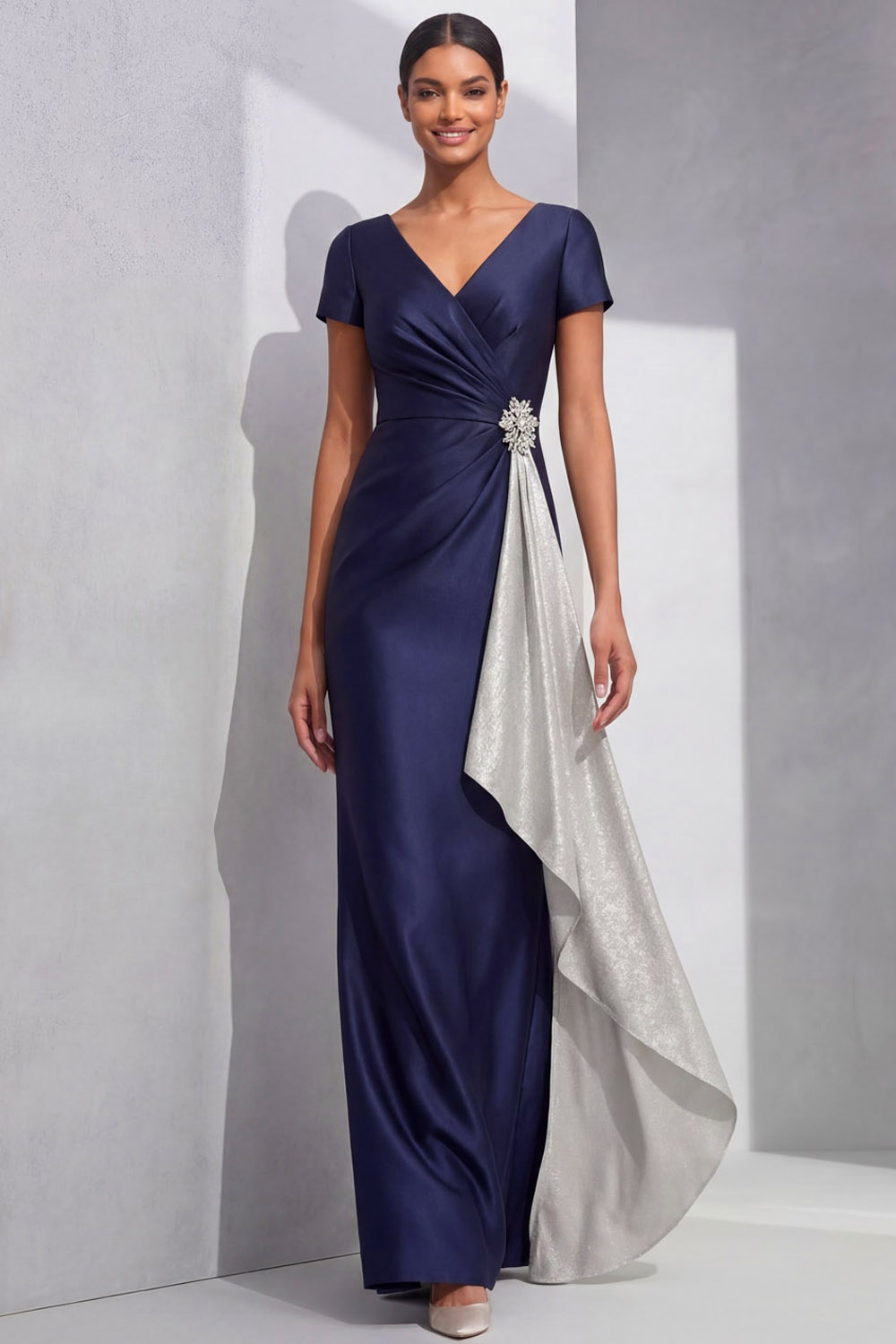 Navy Formal Evening Dress Mermaid V-Neck Maxi Dress with Ruffle