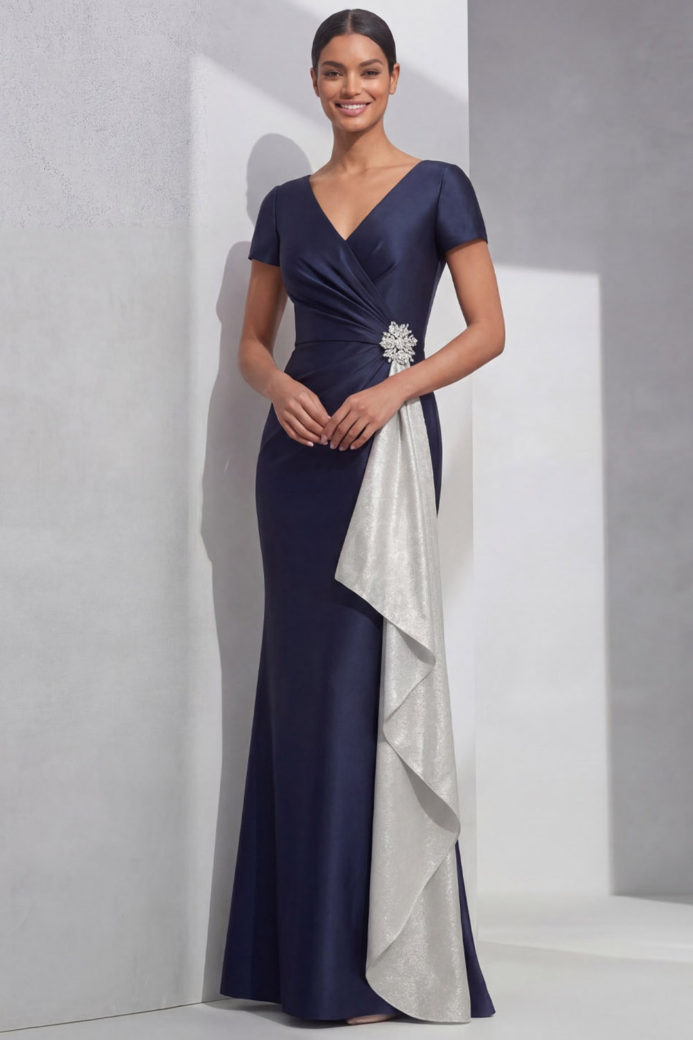 Navy Formal Evening Dress Mermaid V-Neck Maxi Dress with Ruffle