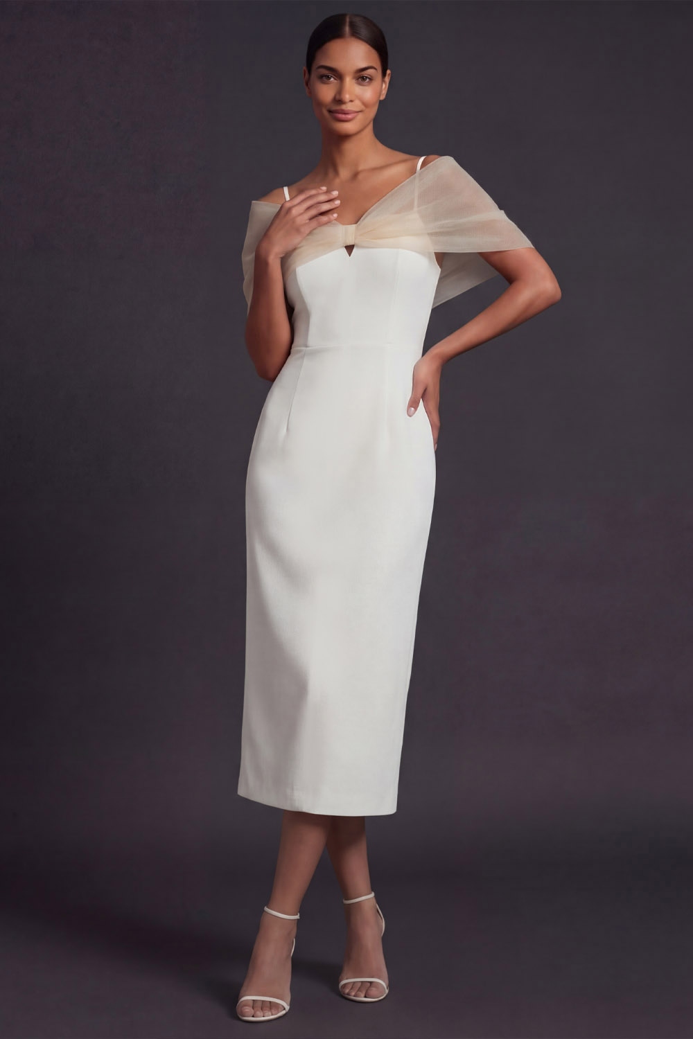 White Formal Evening Dress Sheath Spaghetti Straps Midi Dress with Cape