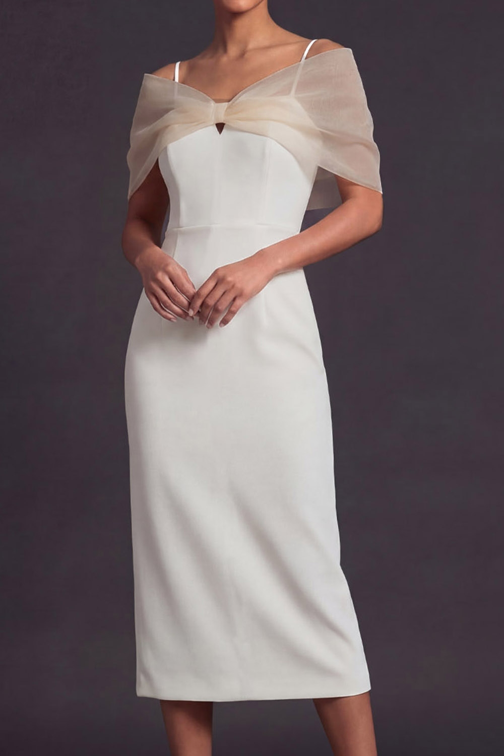 White Formal Evening Dress Sheath Spaghetti Straps Midi Dress with Cape