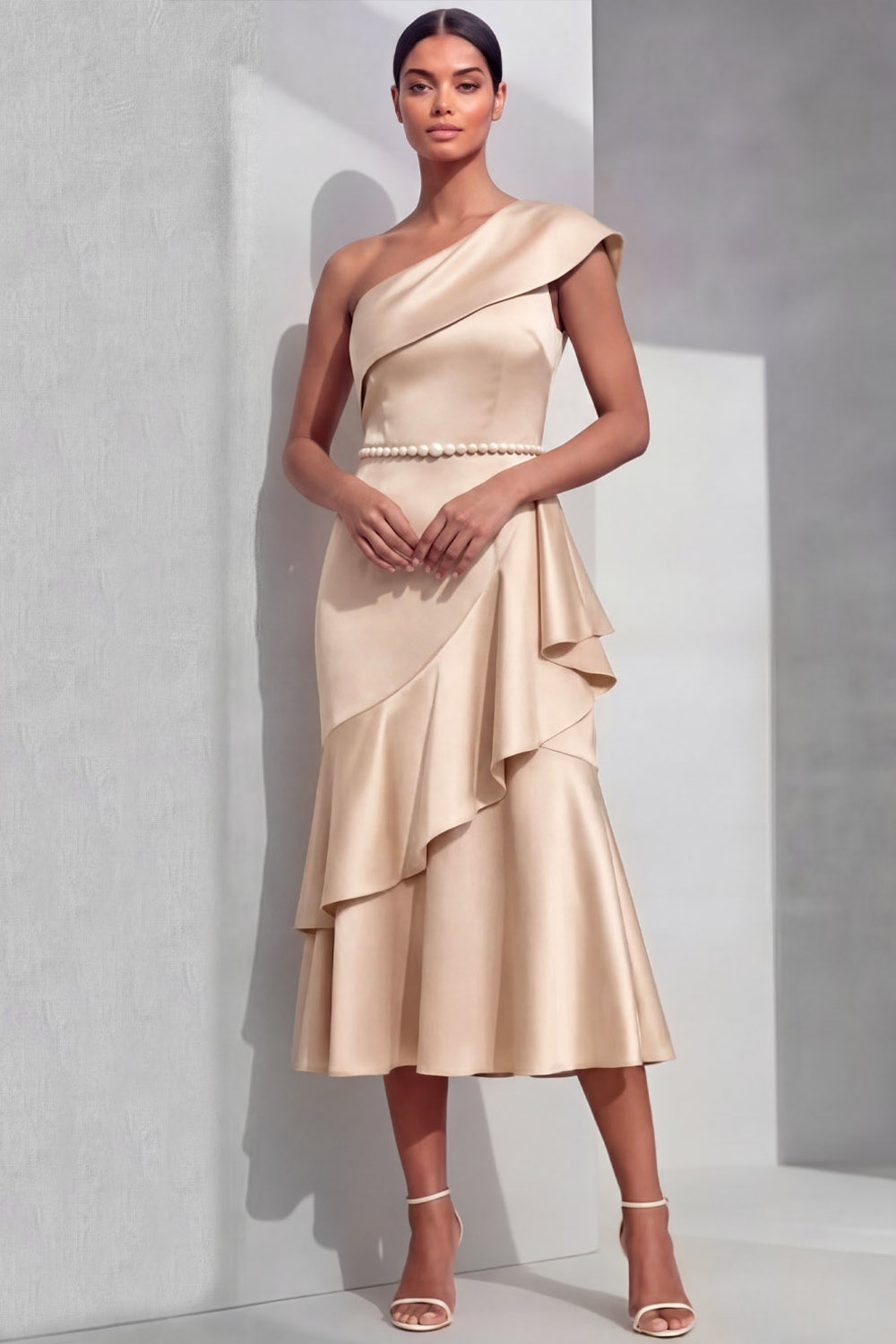 Champagne Formal Evening Dress One Shoulder Beaded Midi Dress with Ruffle