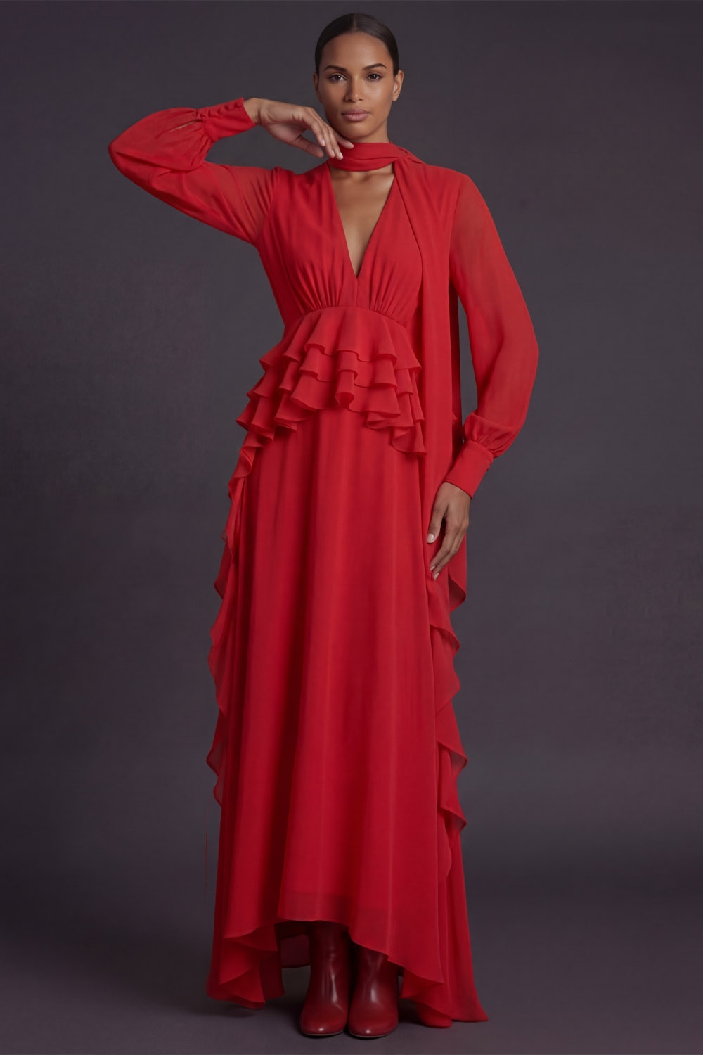 Red Formal Evening Dress V-Neck Chiffon Maxi Dress with Scarf