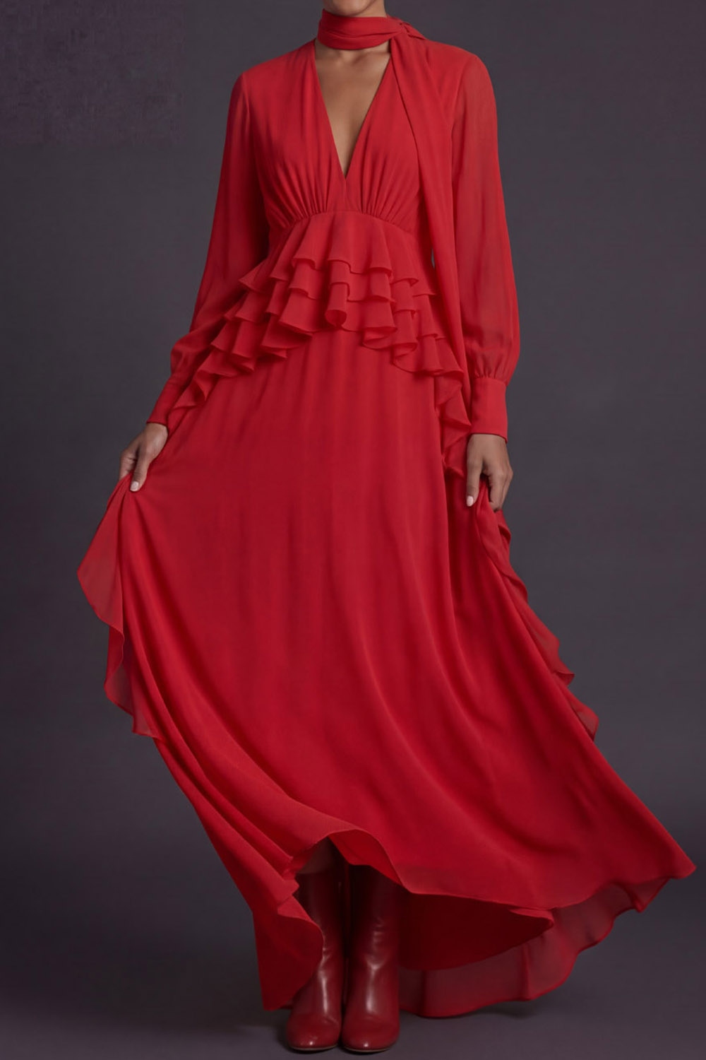 Red Formal Evening Dress V-Neck Chiffon Maxi Dress with Scarf