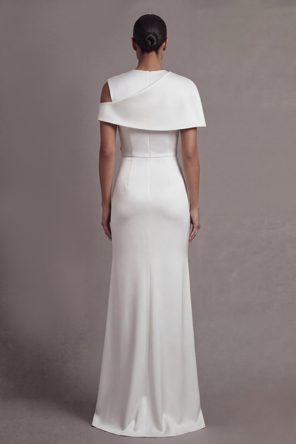 White Formal Evening Dress Asymmetrical Neck Appliqued Maxi Dress