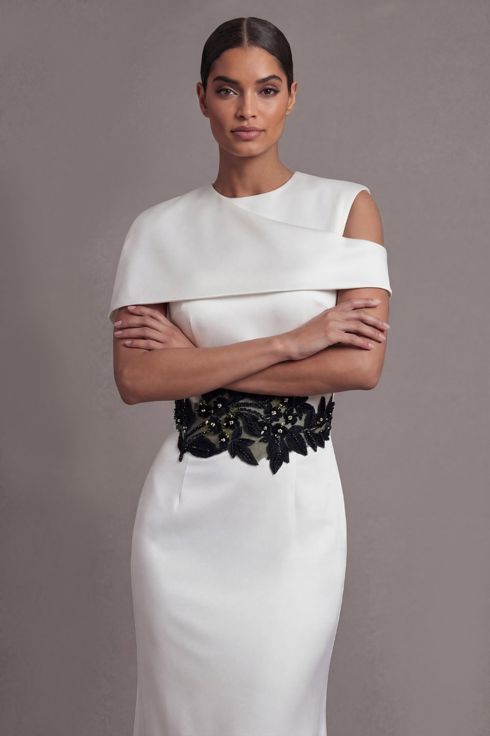 White Formal Evening Dress Asymmetrical Neck Appliqued Maxi Dress