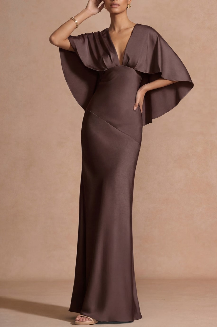 Chocolate Mermaid Satin Long Mother of the Bride Dress with Cape
