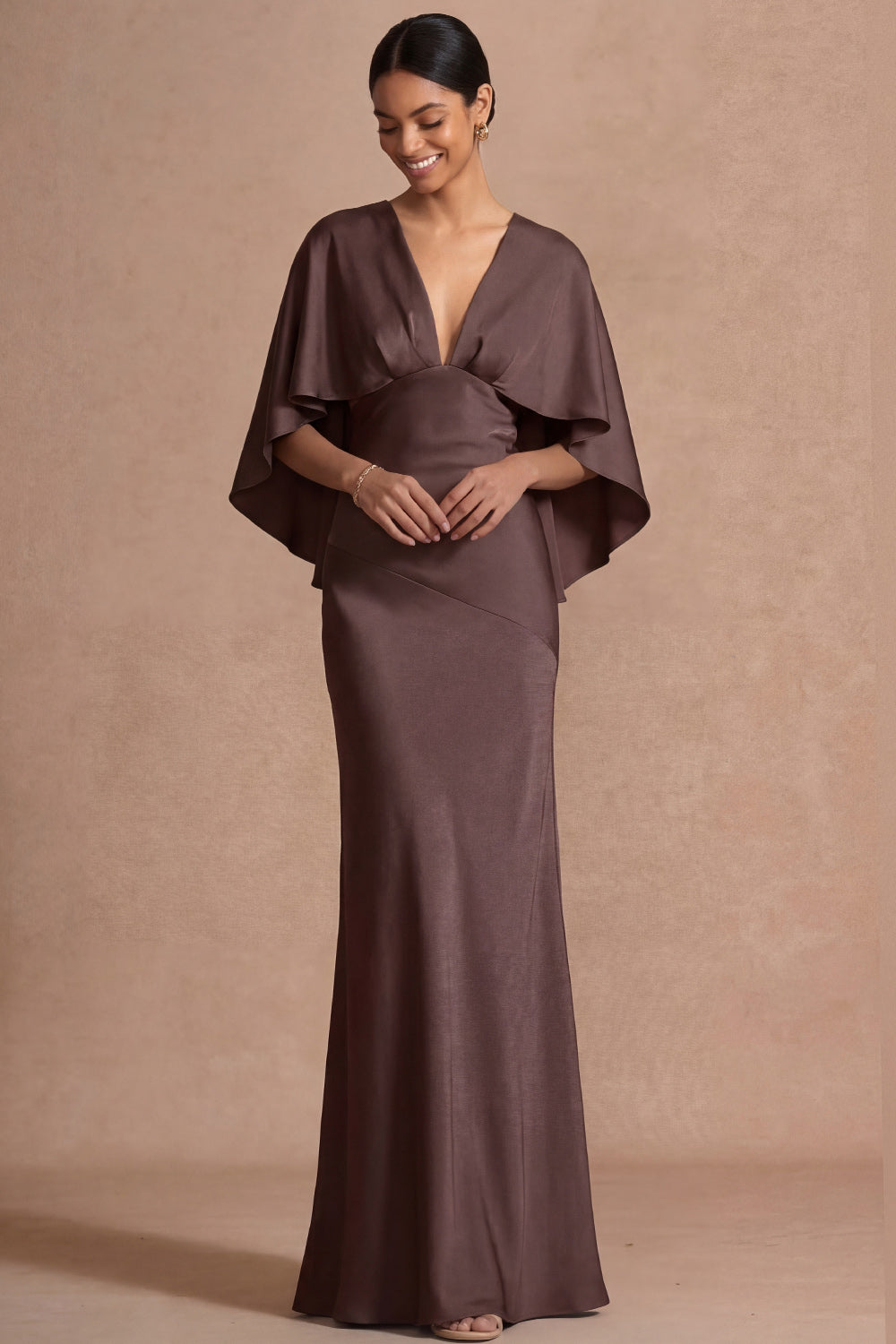 Chocolate Mermaid Satin Long Mother of the Bride Dress with Cape