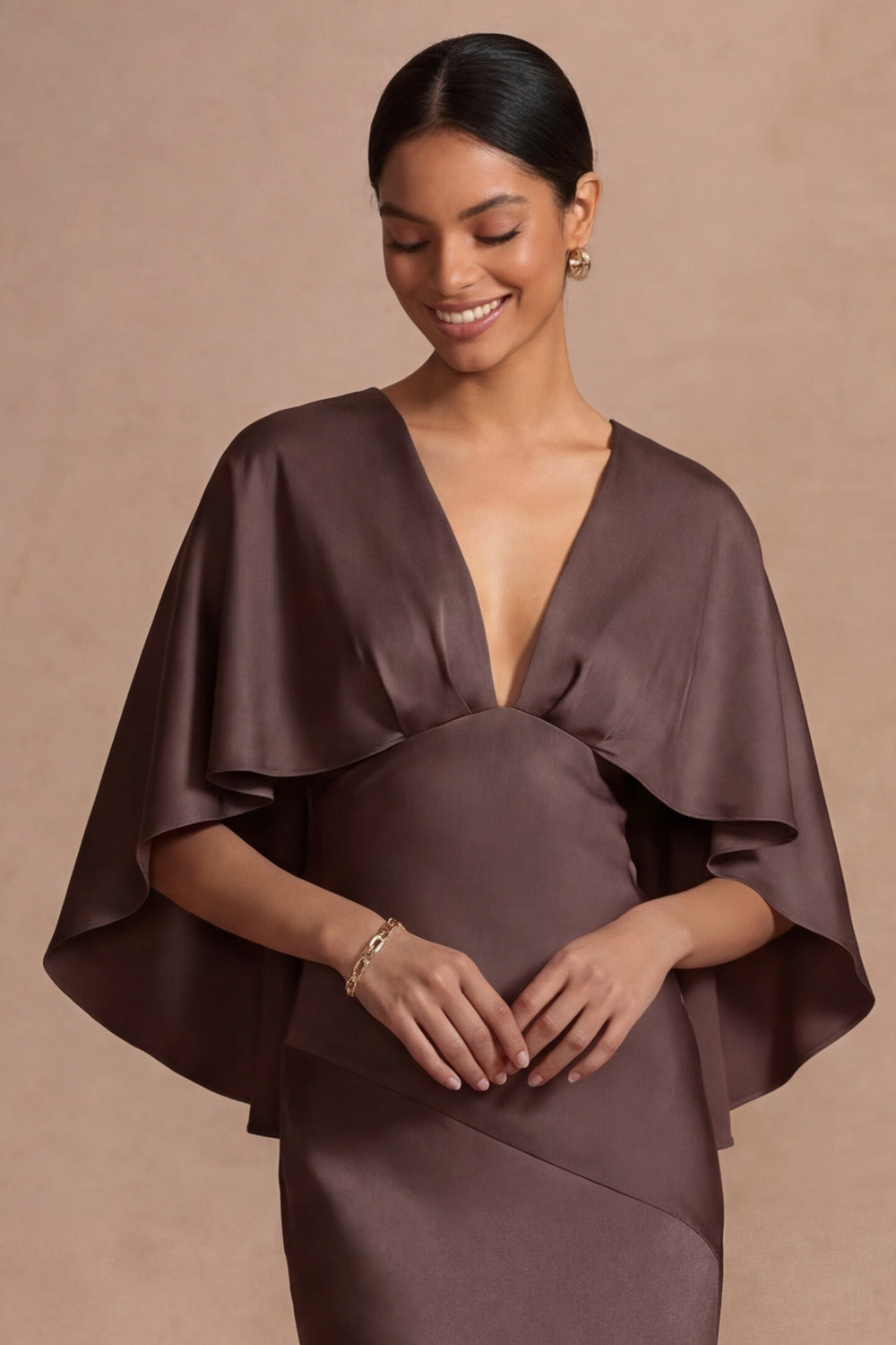 Chocolate Mermaid Satin Long Mother of the Bride Dress with Cape