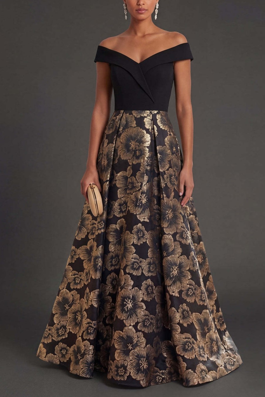 Black Floral A Line Off the Shoulder Long Formal Dress