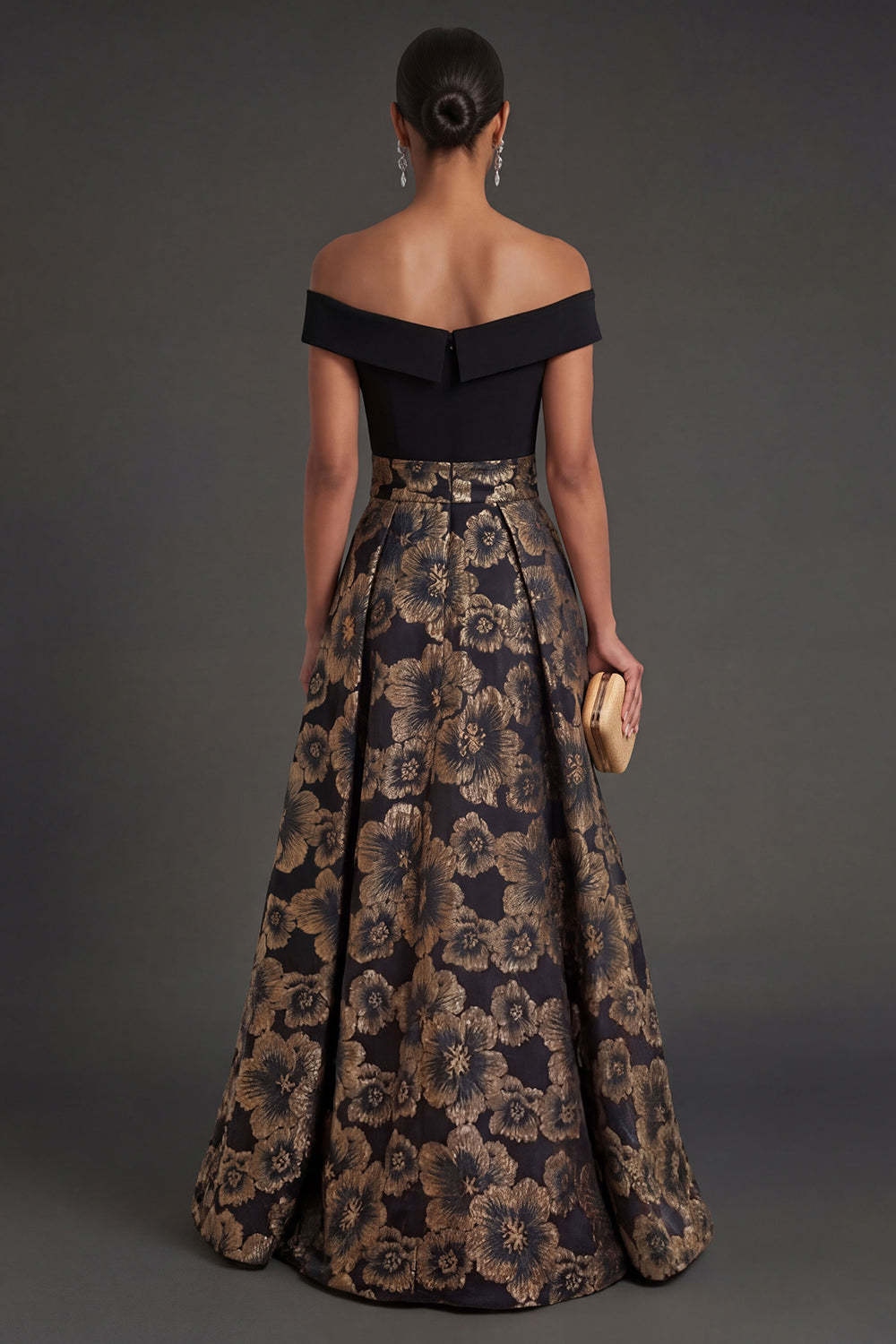 Black Floral A Line Off the Shoulder Long Formal Dress