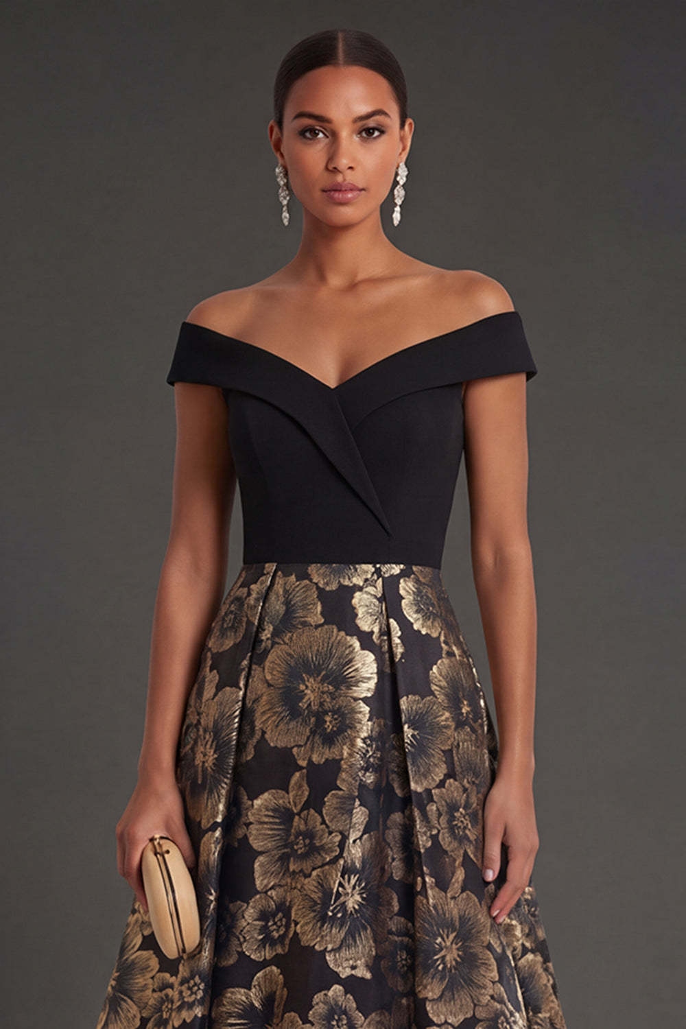 Black Floral A Line Off the Shoulder Long Formal Dress