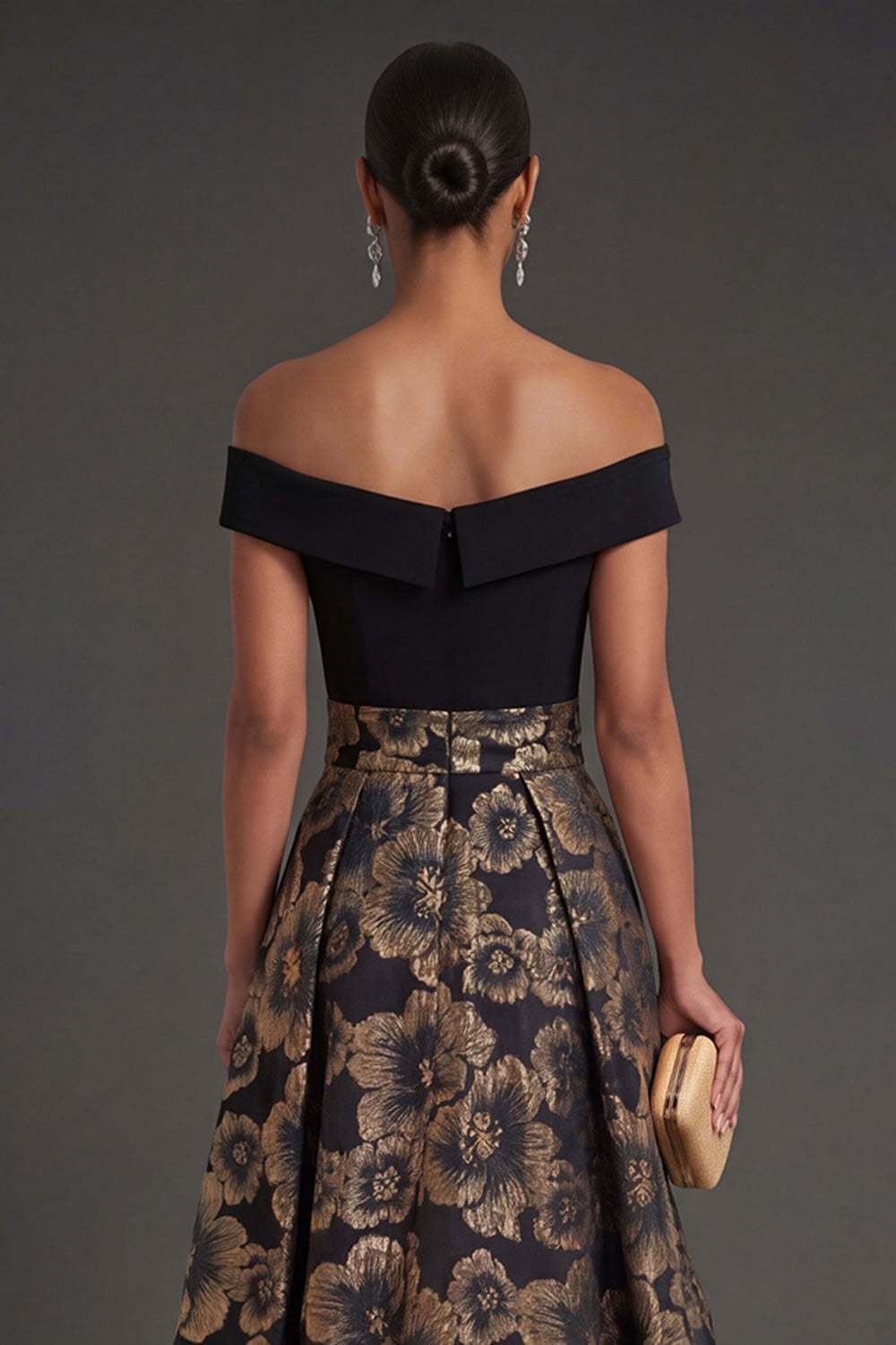 Black Floral A Line Off the Shoulder Long Formal Dress
